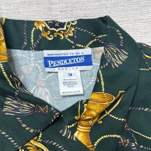 Pendleton Vintage Women’s Rayon Green Gold Equestrian Blouse Size 14 Petite NWT - Picture 5 of 9